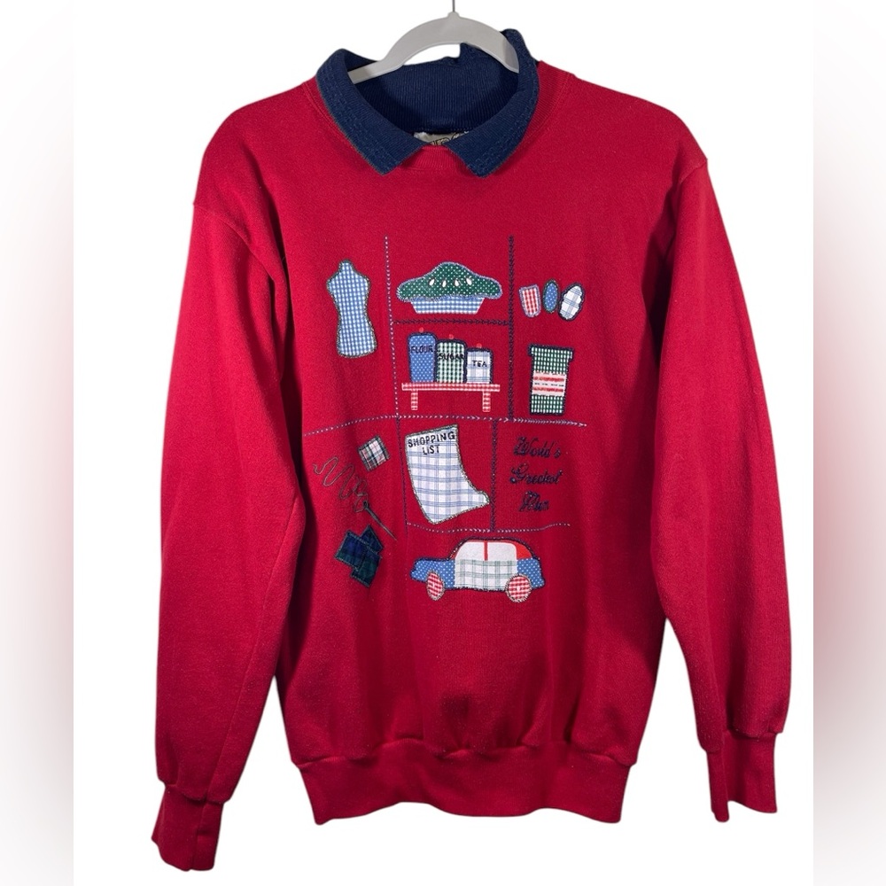 Vintage 90’s Cottagecore Worlds Greatest Mom Red Baking Sewing Sweater Size M